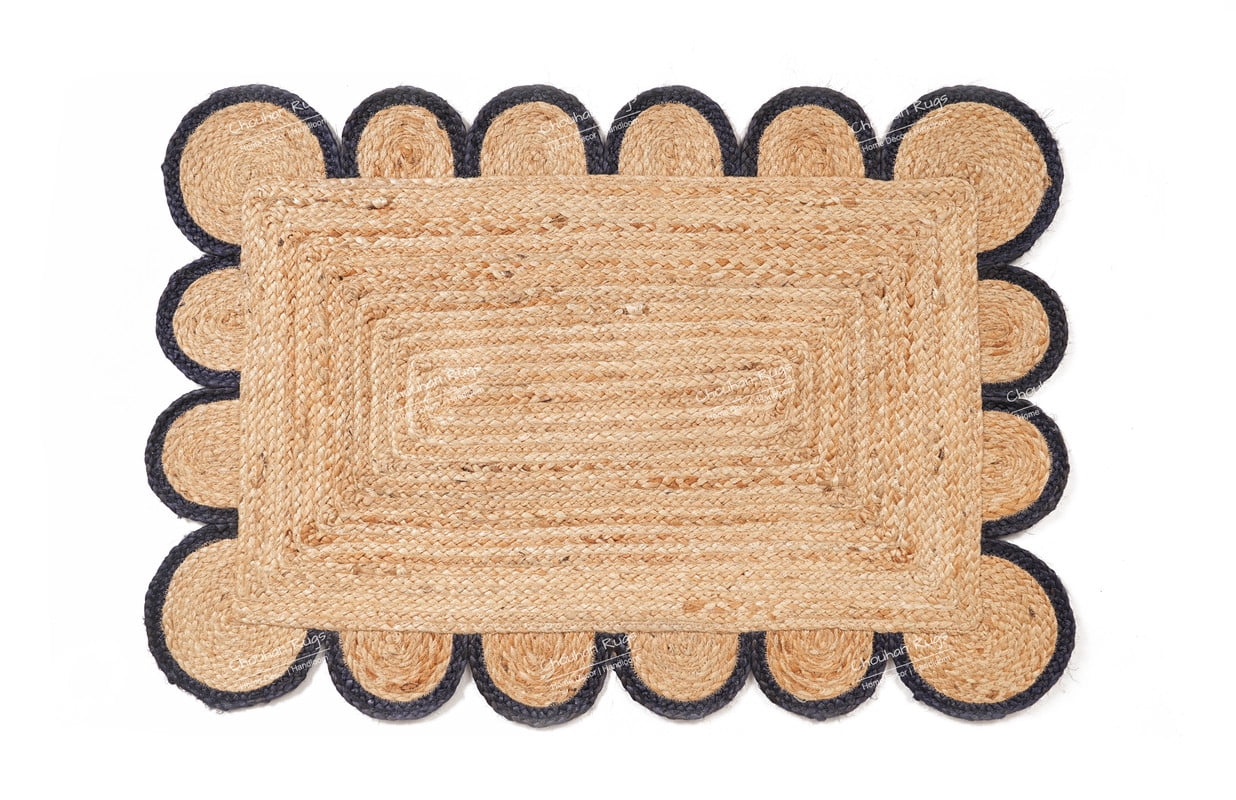 Rectangle Rug Natural Jute Rug Hand Braided Beige and Navy Blue Color Area Rug