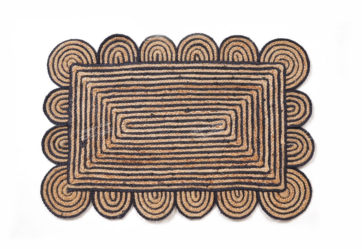 Rectangle Rug Natural Jute Rug Hand Braided Beige and Navy Blue Color Area Rug