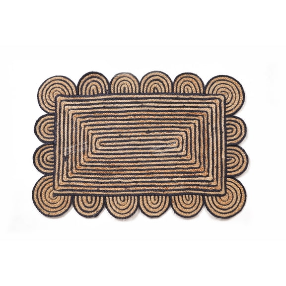 Rectangle Rug Natural Jute Rug Hand Braided Beige and Navy Blue Color Area Rug