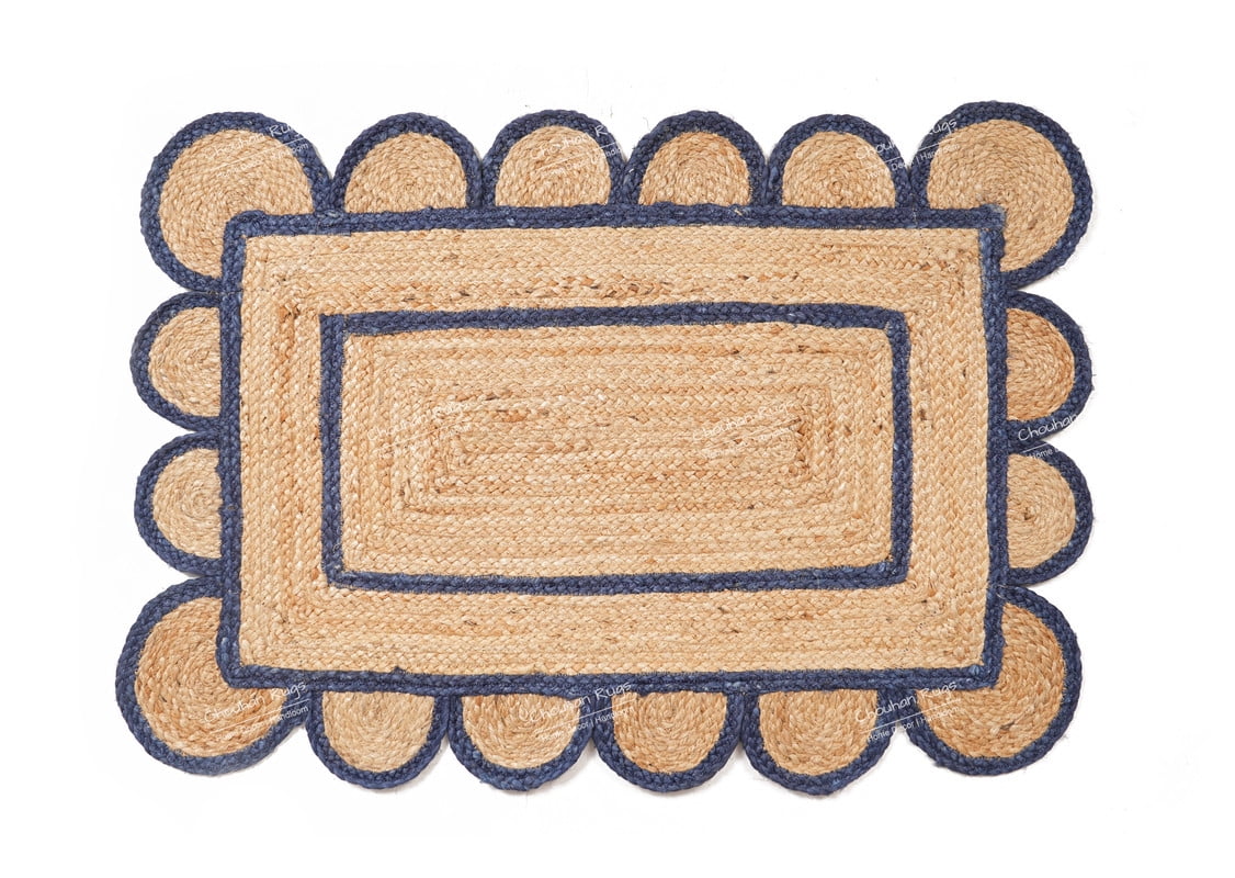 Rectangle Rug Natural Jute Rug Hand Braided Beige and Navy Blue Color Area Rug