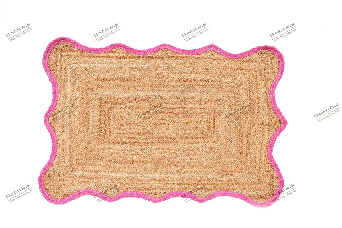 Rectangle Rug Natural Jute Rug Hand Braided Beige and Pink Color Rounding Line Area Rug