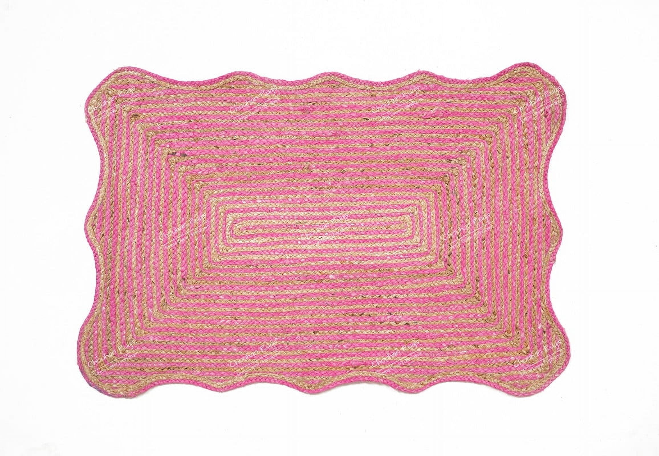 Rectangle Rug Natural Jute Rug Hand Braided Beige and Pink Color Rounding Line Area Rug