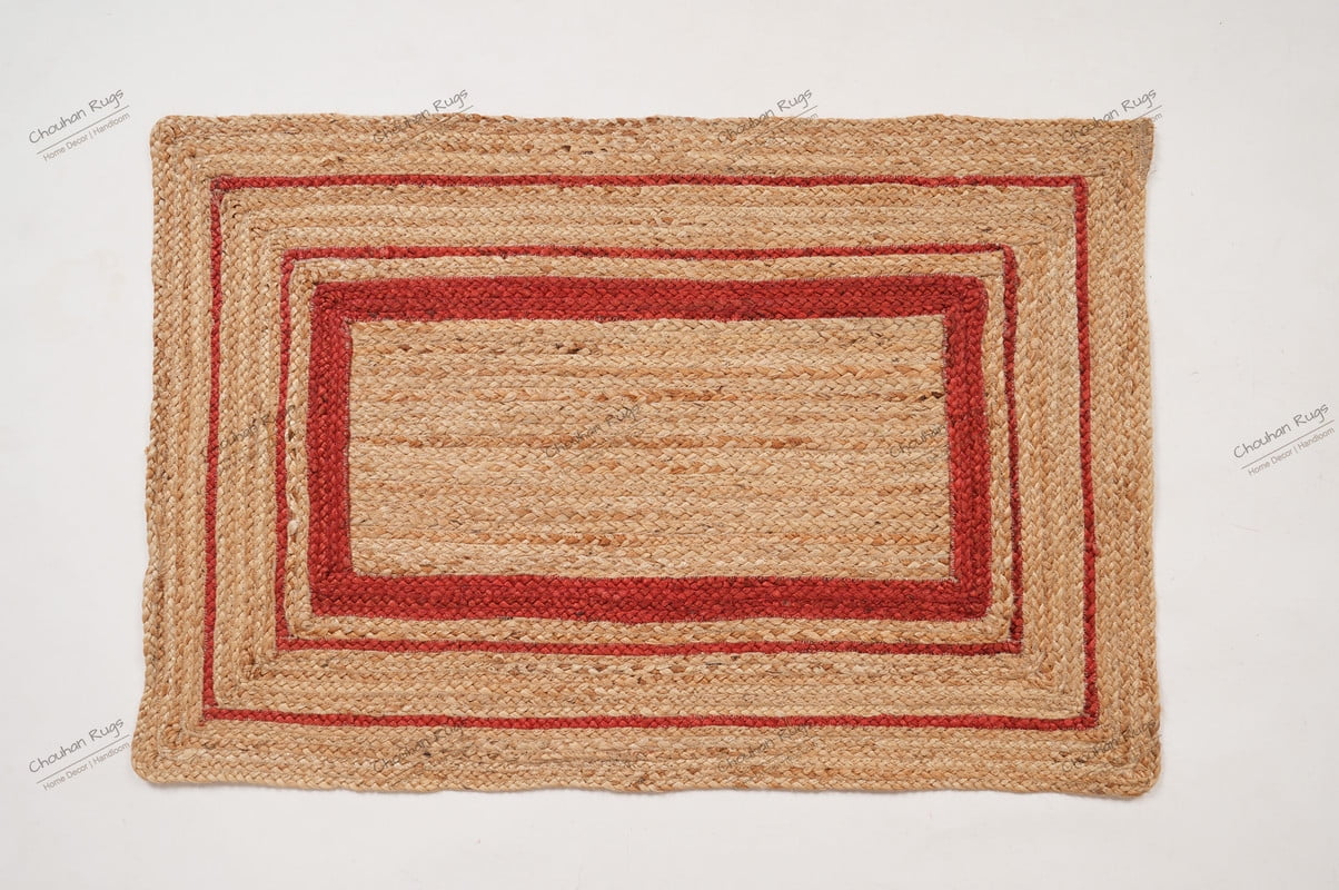 Rectangle Rug Natural Jute Rug Hand Braided Beige and Red Color Scalloped Area Rug