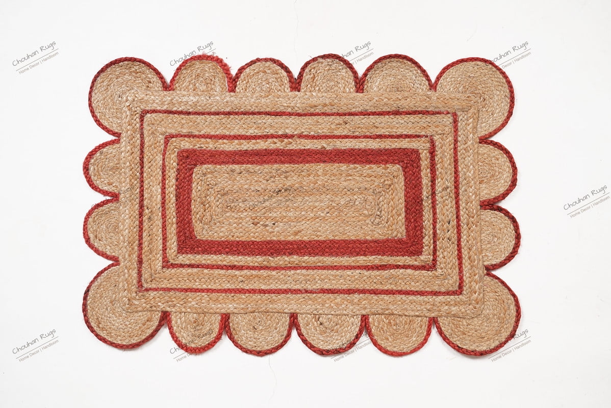 Rectangle Rug Natural Jute Rug Hand Braided Beige and Red Color Scalloped Area Rug