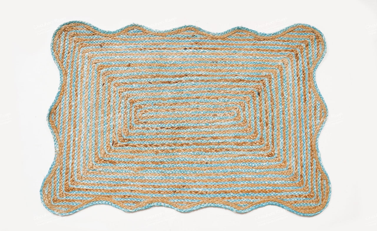 Rectangle Rug Natural Jute Rug Hand Braided Beige and Turquoise Border Color Area Rug