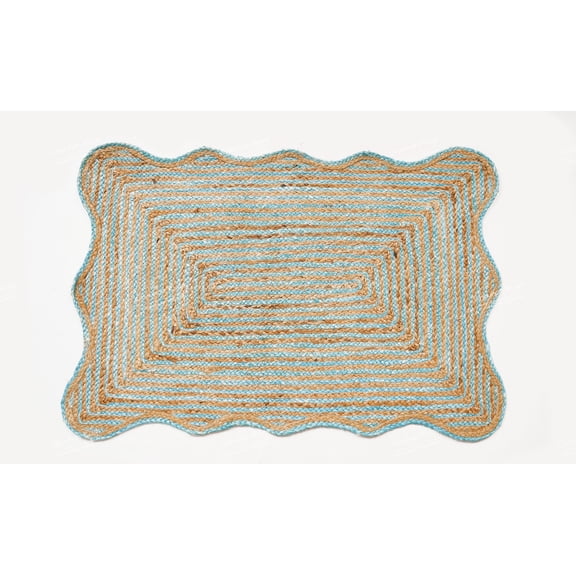 Rectangle Rug Natural Jute Rug Hand Braided Beige and Turquoise Border Color Area Rug