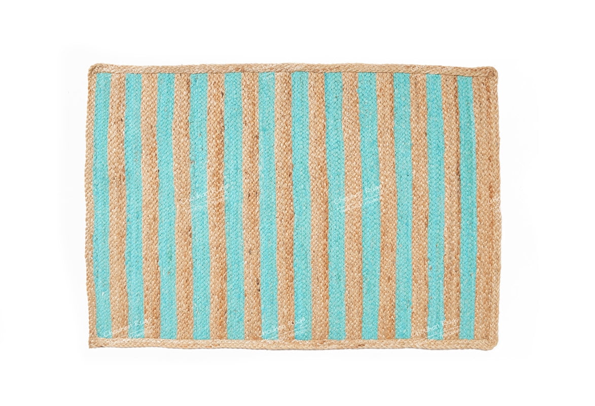 Rectangle Rug Natural Jute Rug Hand Braided Beige and Turquoise Color Area Rug