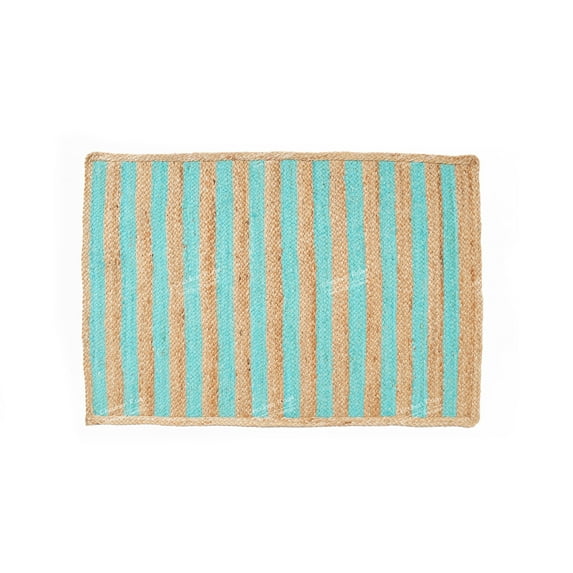 Rectangle Rug Natural Jute Rug Hand Braided Beige and Turquoise Color Area Rug