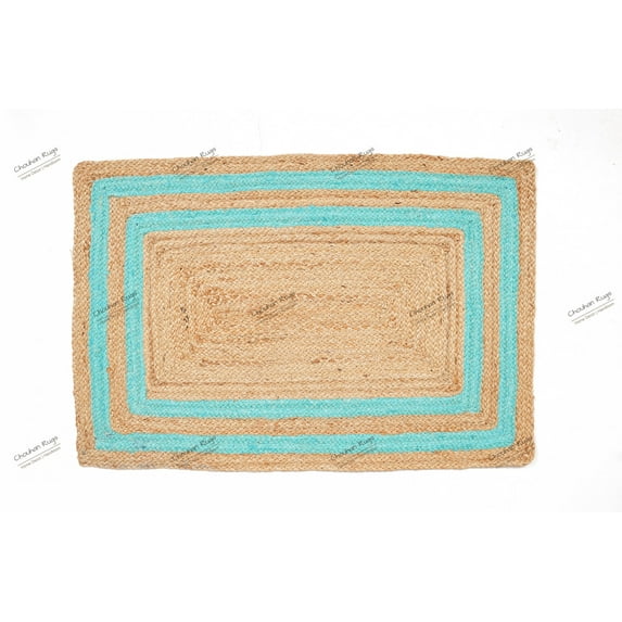 Rectangle Rug Natural Jute Rug Hand Braided Beige and Turquoise Color Stripes Line Area Rug