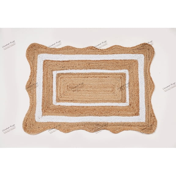 Rectangle Rug Natural Jute Rug Hand Braided Beige and White Color Area Rug
