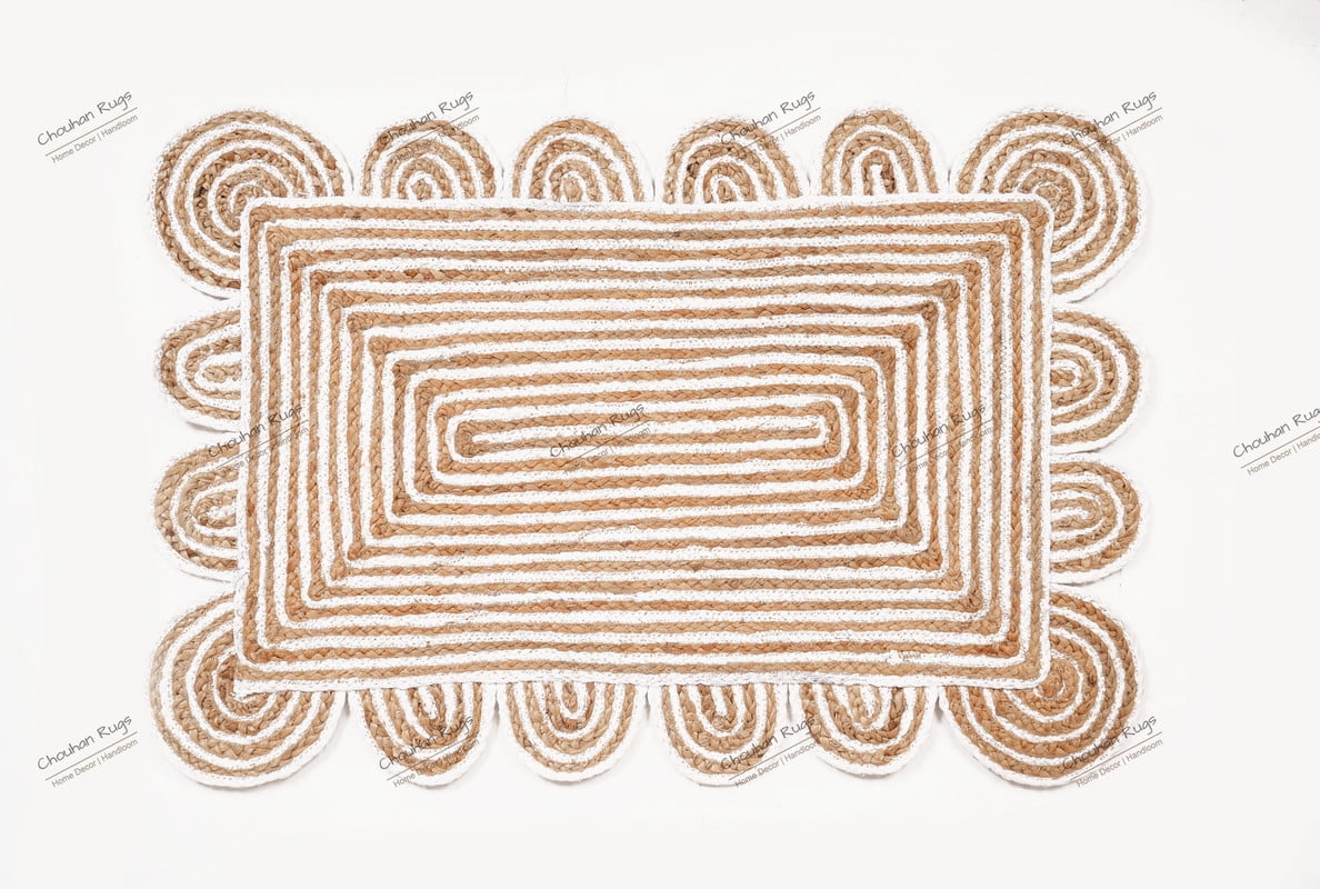 Rectangle Rug Natural Jute Rug Hand Braided Beige and White Color Rounding Line Area Rug
