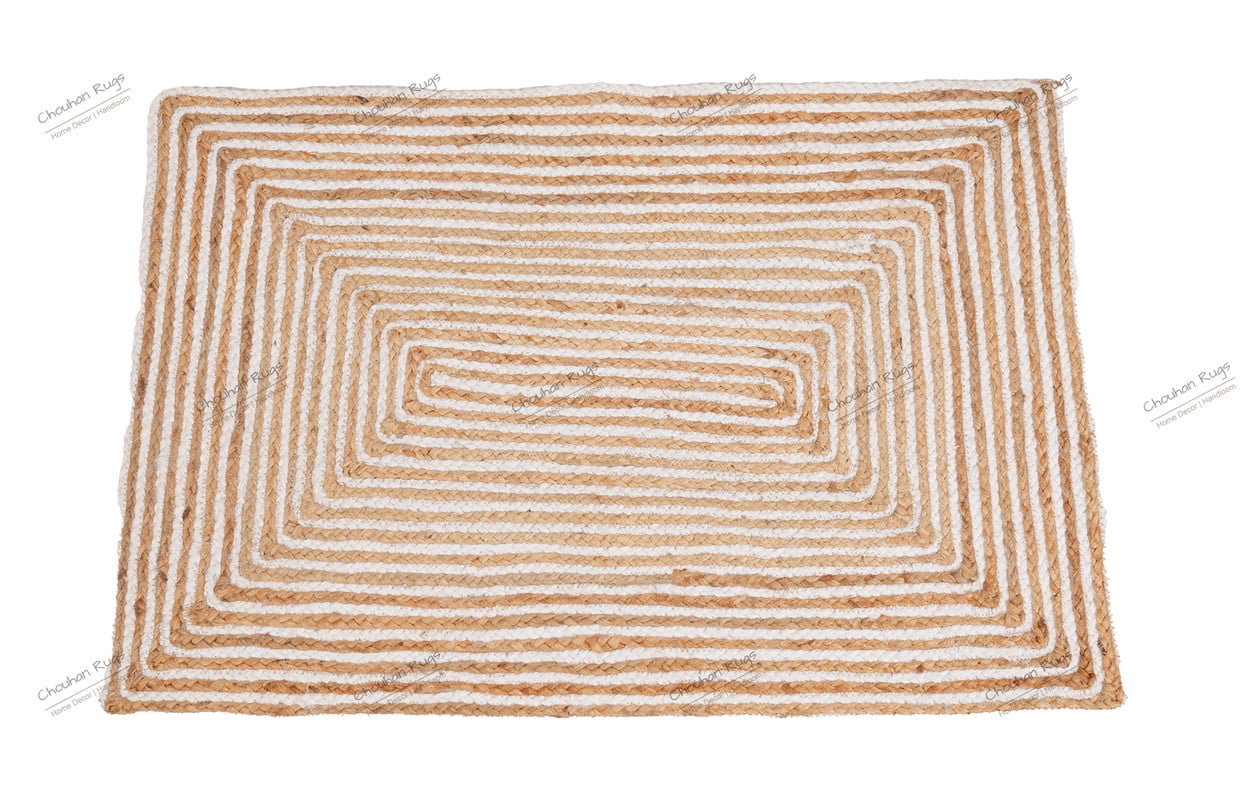 Rectangle Rug Natural Jute Rug Hand Braided Beige and White Color Scalloped Area Rug
