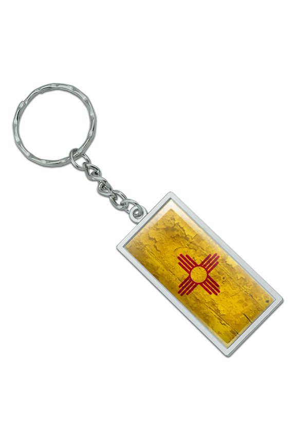 Rectangle Rustic Distressed New Mexico State Flag Keychain in Chrome Plated Metal