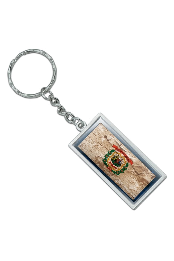 Rectangle Rustic Distressed West Virginia State Flag Keychain in Chrome Plated Metal