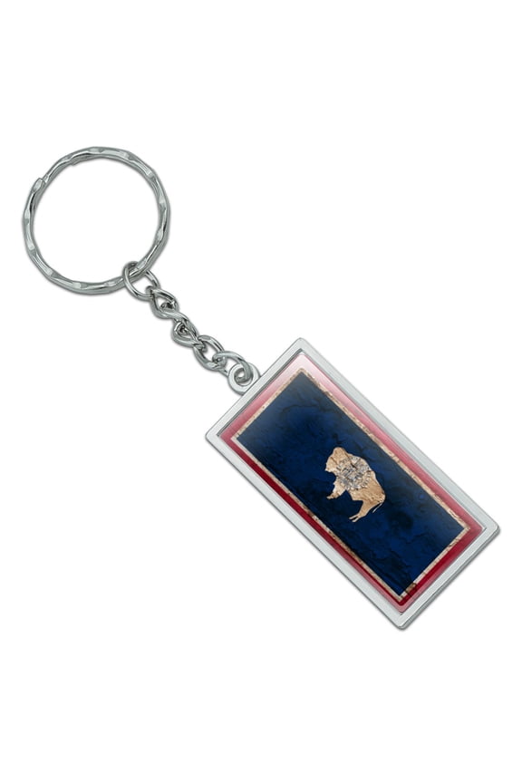Rectangle Rustic Distressed Wyoming State Flag Keychain in Chrome Plated Metal