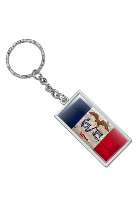 Rectangle Rustic Iowa State Flag Distressed USA Keychain in Chrome Plated Metal