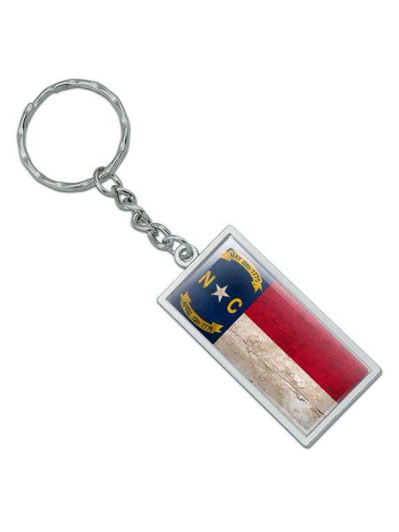 Rectangle Rustic North Carolina State Flag Distressed USA Keychain in Chrome Plated Metal