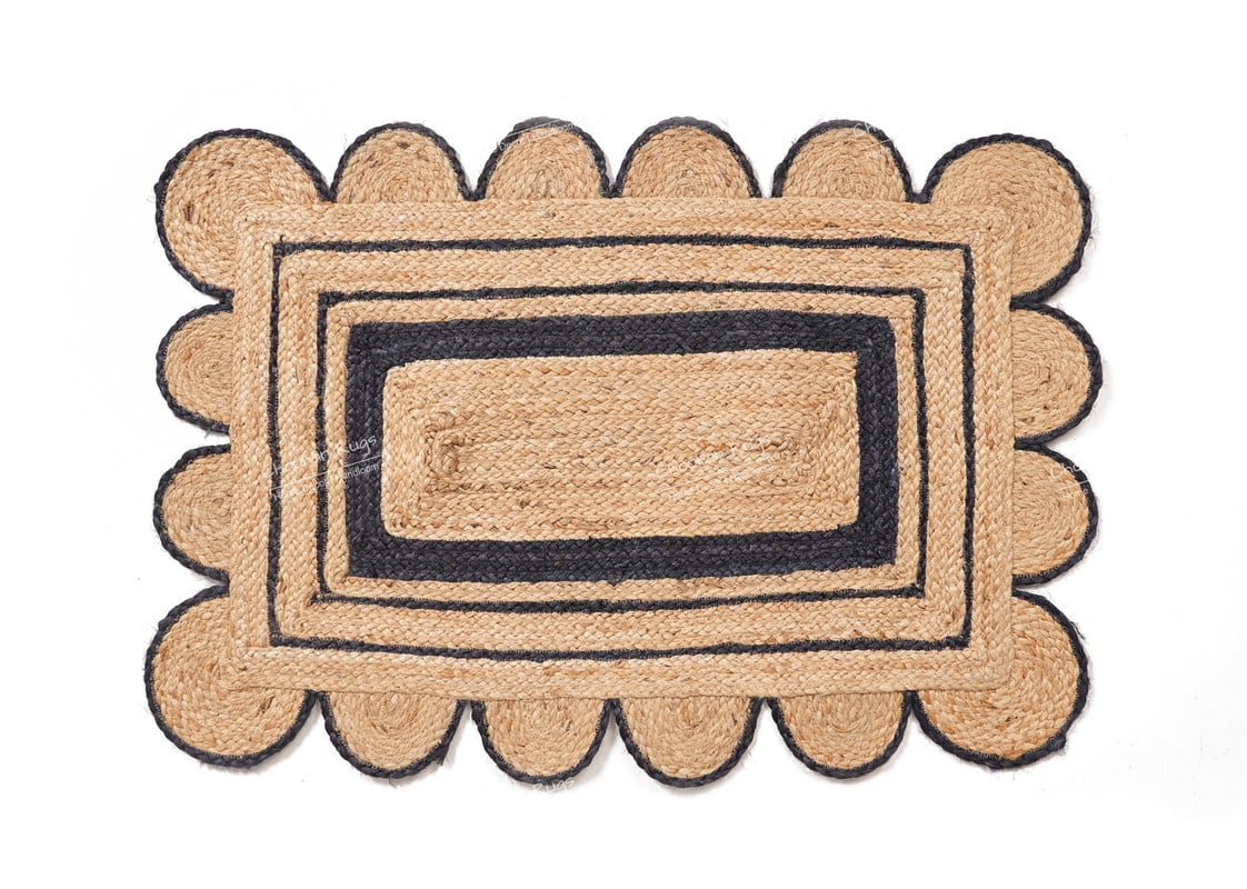 Rectangle Scalloped Jute Rug Beige And Navy Blue Color Area Rug Bohemian Jute Rug