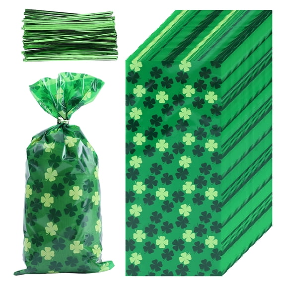 Rectangle Shamrock Clover Print Plastic Cookies Packing Pouches Cady Bags for Candy Wrapper Saint Patrick's Day Gift Supplies with Iron Twist Tie Green 27.5x12.5x0.004cm