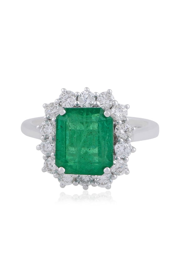 Rectangle Shaped Emerald Solid 14 Kt White Gold SI Clarity HI Color Diamond Promise Ring