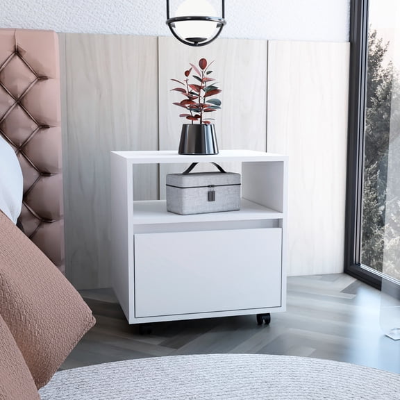 Rectangle Side Table | Functionality with Caster Wheels | High-Grade Particle Board | Storage for Small Rooms