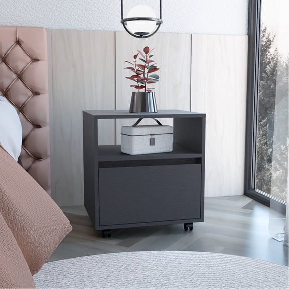 Rectangle Side Table with Single Drawer and Caster Wheels / Ideal for Bedroom Storage