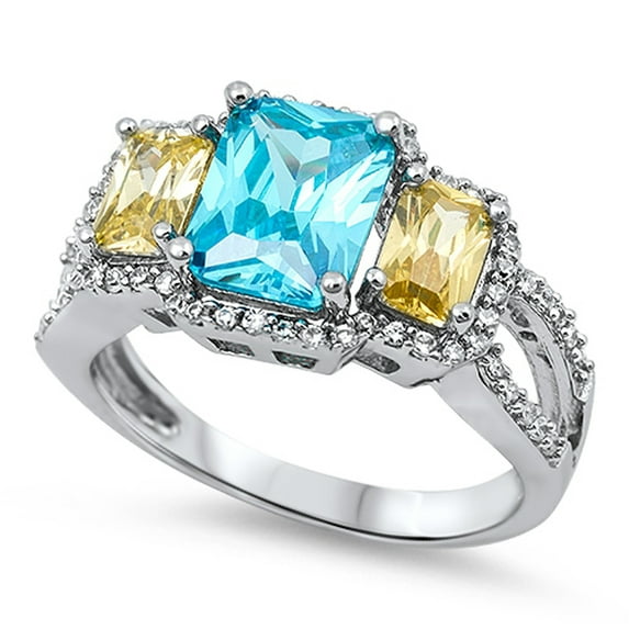 Rectangle Simulated Aquamarine Colorful Halo Ring .925 Sterling Silver Band Blue CZ Female Size 9