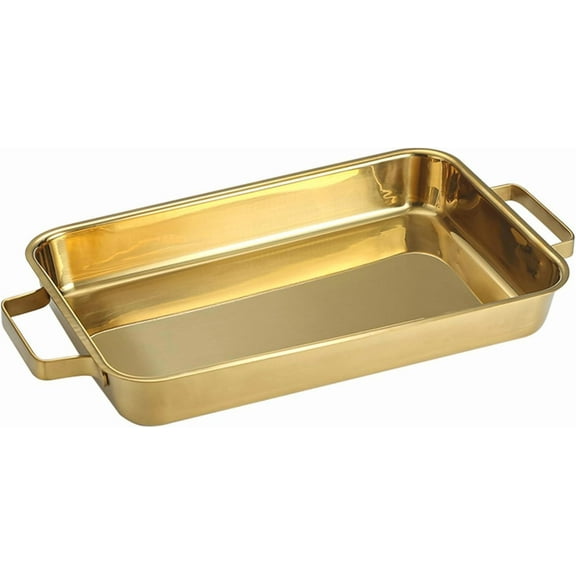 Rectangle Spanish Paella Pan, 304 Stainless Steel Skillet Pan with Dual Handles, Non-Stick Food Plate Dinner Server Pan Seafood Pan for Home Cooking Cookware Kitchen,Gold,42cm/16.5inch