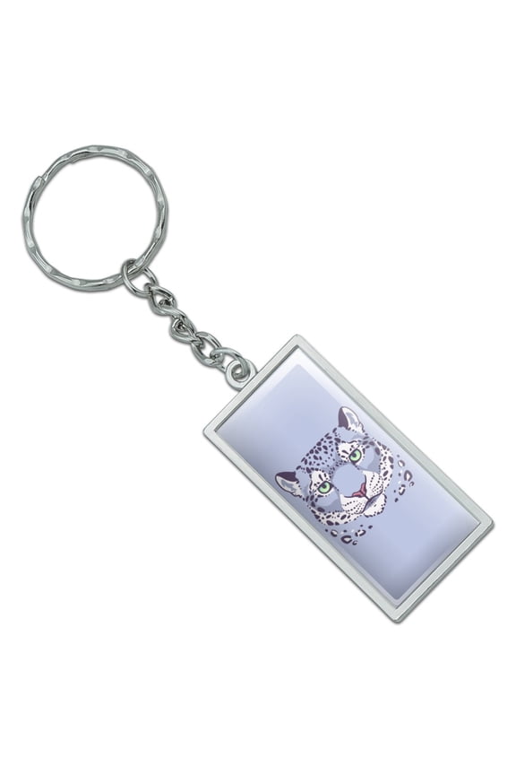 Rectangle Spotted Snow Leopard Face Keychain in Chrome Plated Metal