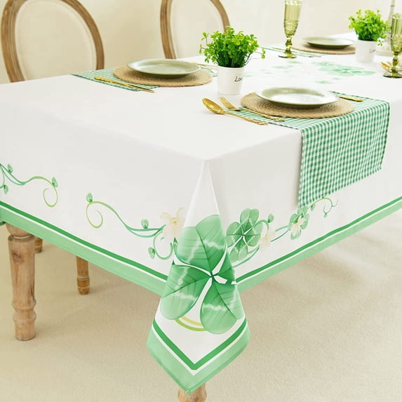 Rectangle St. Patrick''s Day Tablecloth,Reusable Waterproof Washable Green Shamrock Table Clothes,Four Leaf Clover Themed Spring Table Cover for Kitchen Dining Room 60x84 Inch
