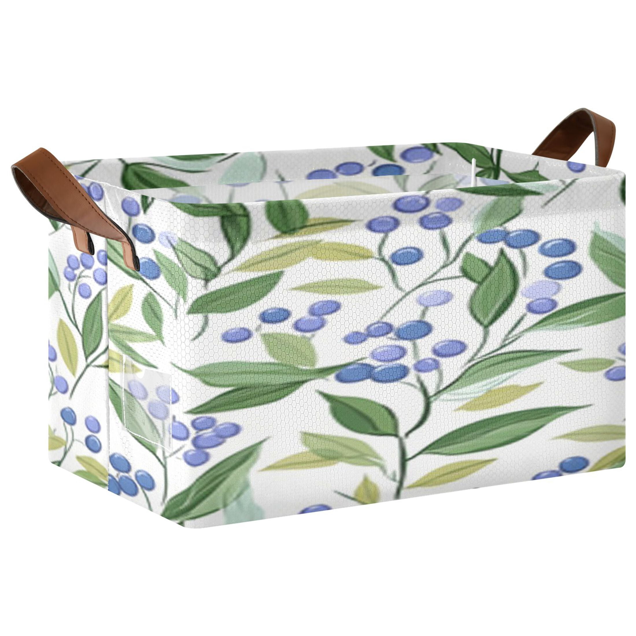 Collapsible Rectangular Case Rectangle Storage Basket with Handles Blueberry Greens on White ...