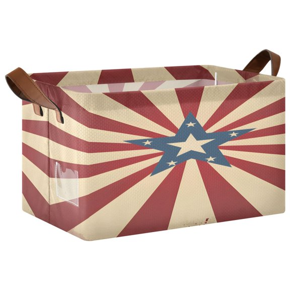 Rectangle Storage Basket with Handles Red and White Stripes Five-pointed Star Collapsible Storage Bin Large Storage Bins Decorative for Clothes Toys Bedroom