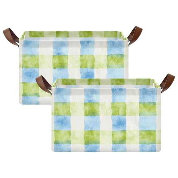 Rectangle Storage Basket with Handles Aqua Green Check Collapsible Storage Bin Large Storage Bins Decorative for Clothes Toys Bedroom