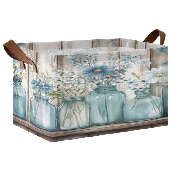 Rectangle Storage Basket with Handles Blue Mason Jars Flowers Collapsible Storage Bin Large Storage Bins Decorative for Clothes Toys Bedroom
