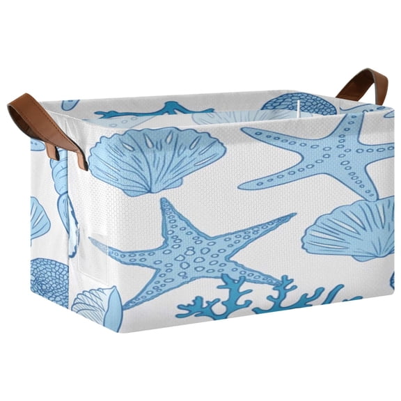 Rectangle Storage Basket with Handles Blue Seashells Collapsible Storage Bin Large Storage Bins Decorative for Clothes Toys Bedroom