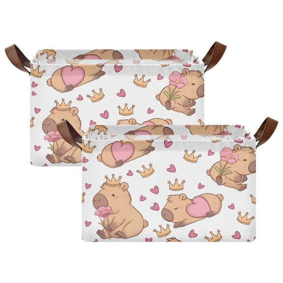 Rectangle Storage Basket with Handles Capybara Crown Heart Collapsible Storage Bin Large Storage Bins Decorative for Clothes Toys Bedroom