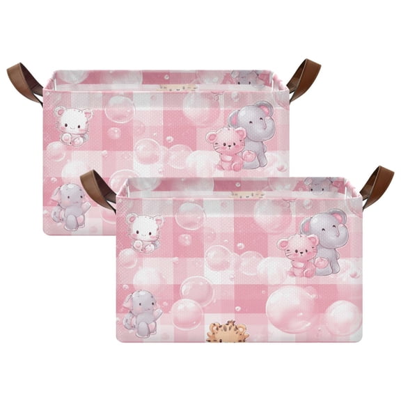Rectangle Storage Basket with Handles Cartoon Elephant in Pink Plaid Collapsible Storage Bin Large Storage Bins Decorative for Clothes Toys Bedroom
