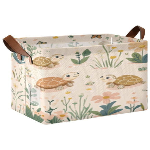 Rectangle Storage Basket with Handles Cute Turtle on Beige Collapsible Storage Bin Large Storage Bins Decorative for Clothes Toys Bedroom