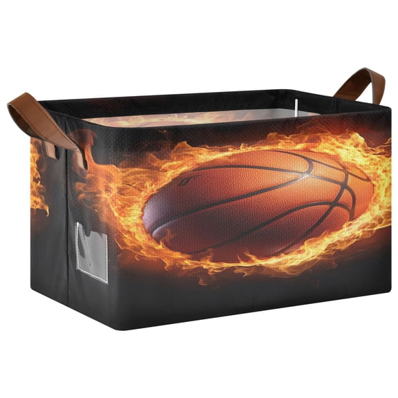 Rectangle Storage Basket with Handles Flame Basketball Collapsible Storage Bin Large Storage Bins Decorative for Clothes Toys Bedroom