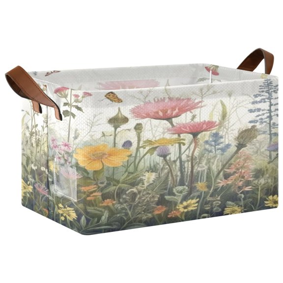 Rectangle Storage Basket with Handles Watercolor Herbal Wildflower Collapsible Storage Bin Large Storage Bins Decorative for Clothes Toys Bedroom