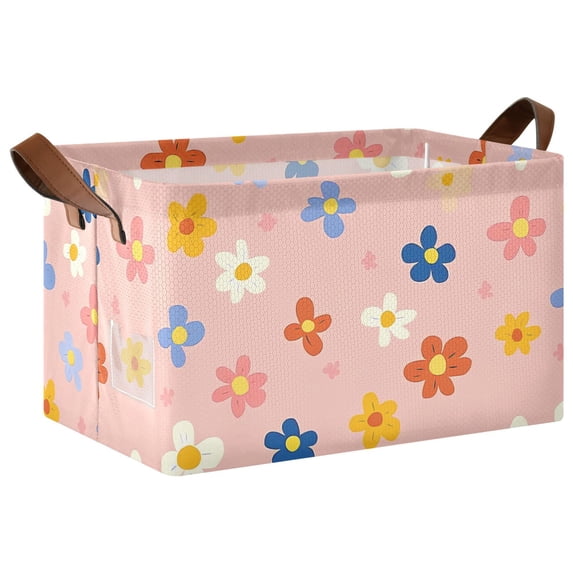 Rectangle Storage Basket with Handles Flowers Pink Background Collapsible Storage Bin Large Storage Bins Decorative for Clothes Toys Bedroom