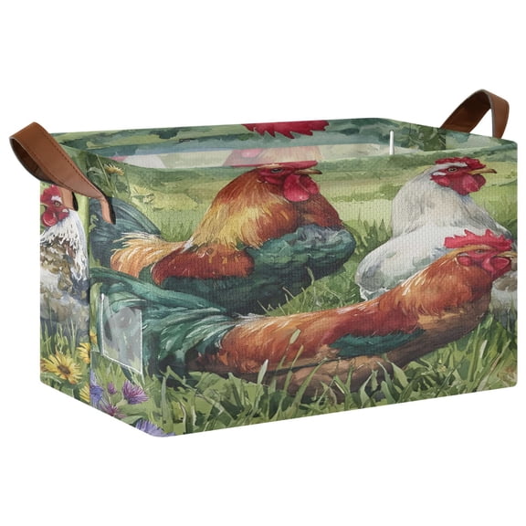 Rectangle Storage Basket with Handles Grassland Rooster Collapsible Storage Bin Large Storage Bins Decorative for Clothes Toys Bedroom