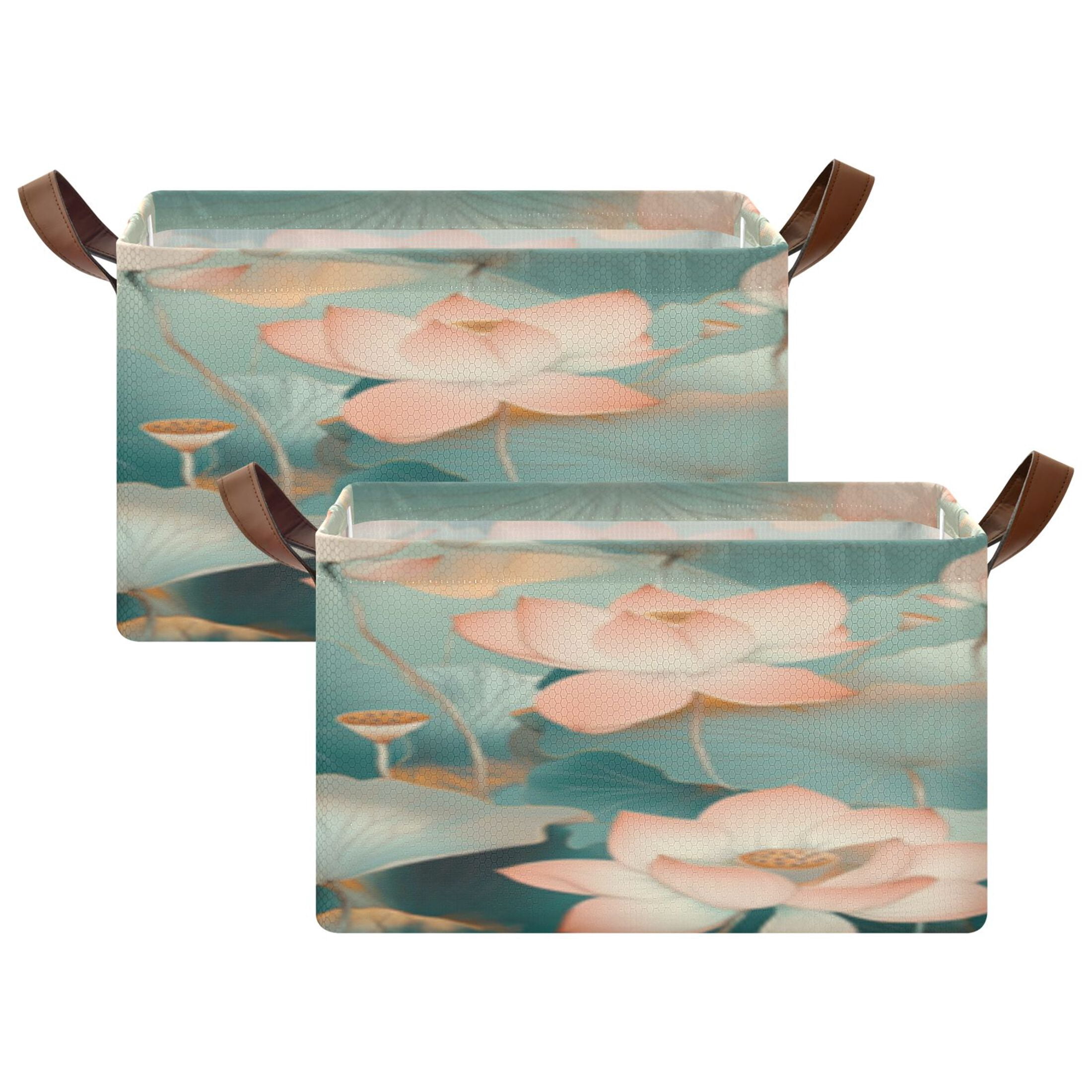 Rectangle Storage Basket with Handles Green Lotus Picture Collapsible Storage Bin Large Storage Bins Decorative for Clothes Toys Bedroom