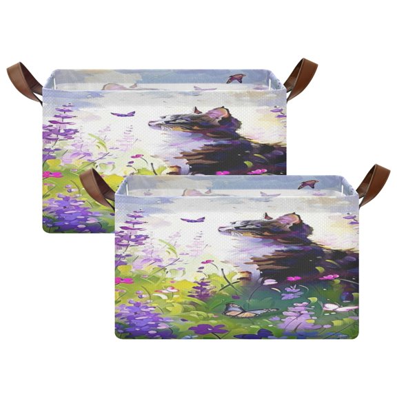 Rectangle Storage Basket with Handles Lavender Cat Collapsible Storage Bin Large Storage Bins Decorative for Clothes Toys Bedroom