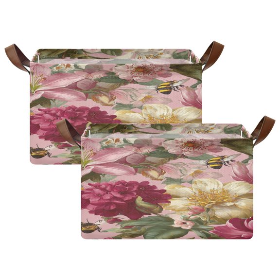 Rectangle Storage Basket with Handles Lilies Orchids and Peonies Collapsible Storage Bin Large Storage Bins Decorative for Clothes Toys Bedroom