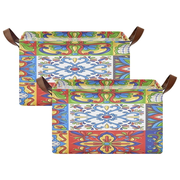 Rectangle Storage Basket with Handles Mexican Talavera Collapsible Storage Bin Large Storage Bins Decorative for Clothes Toys Bedroom