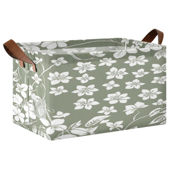Rectangle Storage Basket with Handles Olive Green with White Flowers Collapsible Storage Bin Large Storage Bins Decorative for Clothes Toys Bedroom