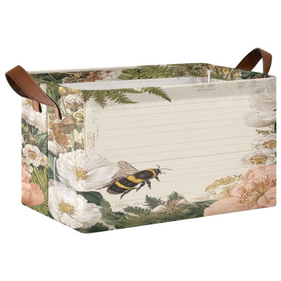 Rectangle Storage Basket with Handles Peach Blossom Peony Collapsible Storage Bin Large Storage Bins Decorative for Clothes Toys Bedroom