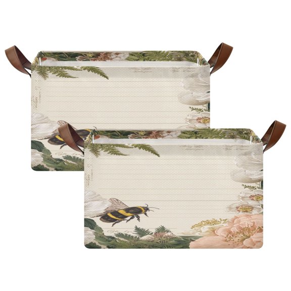 Rectangle Storage Basket with Handles Peach Blossom Peony Collapsible Storage Bin Large Storage Bins Decorative for Clothes Toys Bedroom