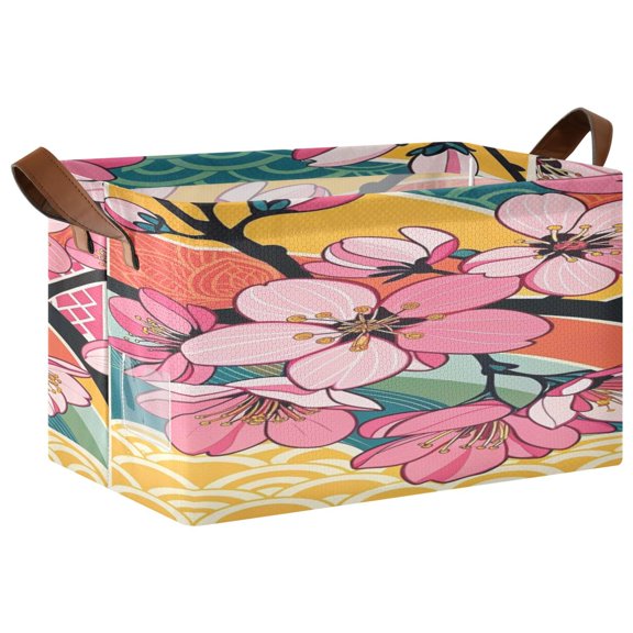 Rectangle Storage Basket with Handles Peach Blossoms Collapsible Storage Bin Large Storage Bins Decorative for Clothes Toys Bedroom